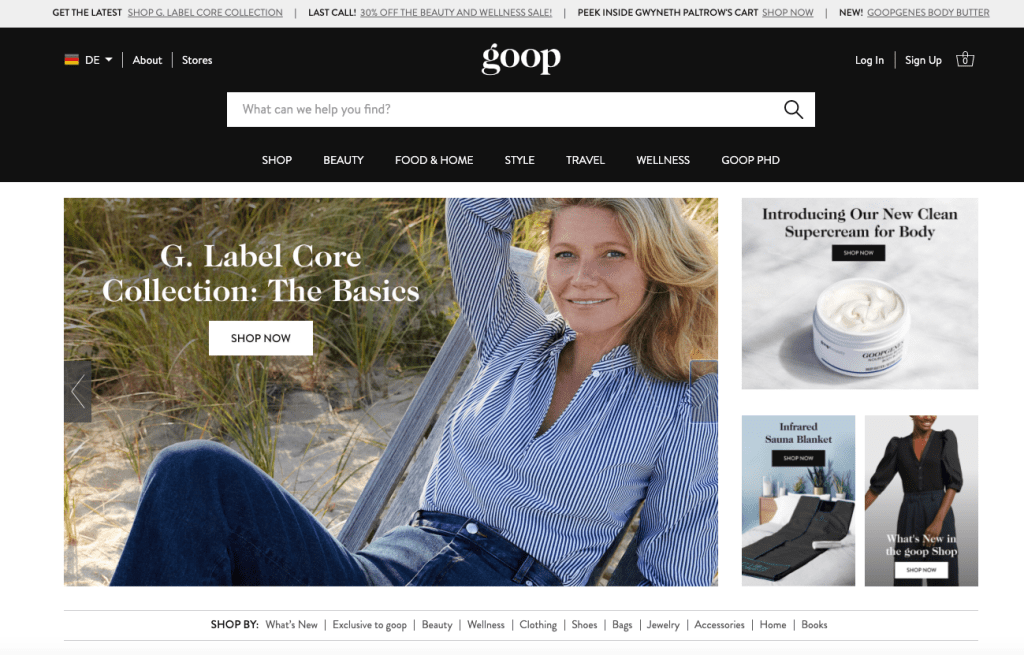 Goop homepage about Gwyneth Paltrow's collection and supercream for body