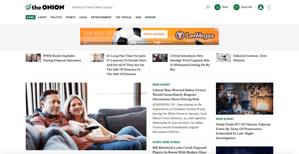 The Onion homepage about Liberal Man and Chinese Takeout Study